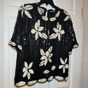 Stenay Sequined & Beaded Floral Black & White Silk Blouse Vintage Size Large SS